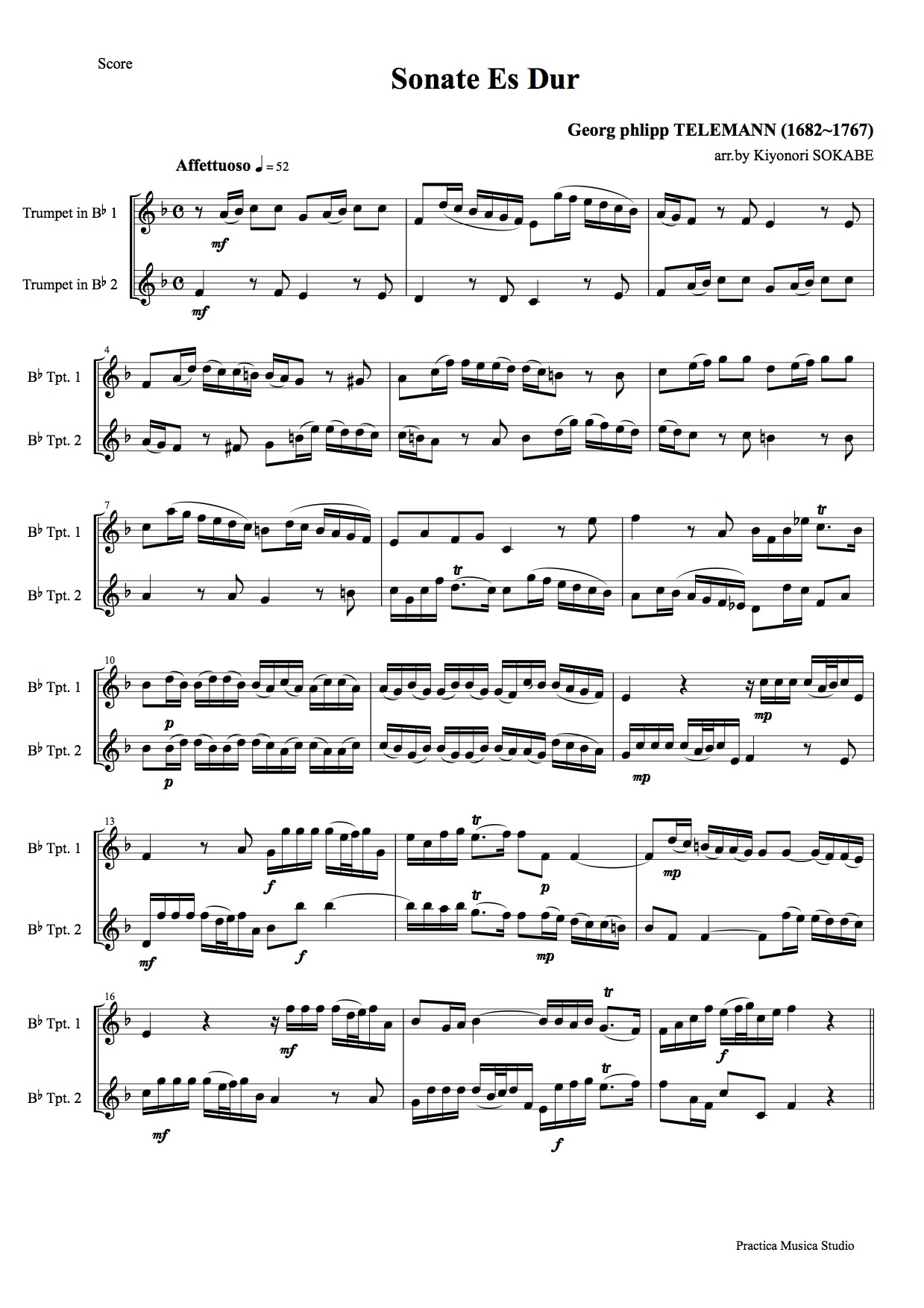 変ホ長調のソナタ (テレマン) 管楽 - 二重奏 | 現代日本の音楽の楽譜 | SOKABE Music Publishing